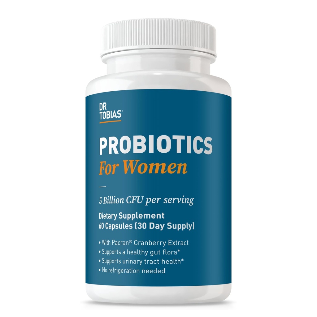 Dr Tobias Probiotics för kvinnor, 5 miljarder CFUs Plus Prebiotics & Cranberry Extract för urinvägs hälsa för kvinnor, stöder Digestive & Immune Health, 60 kapslar, 30 portioner