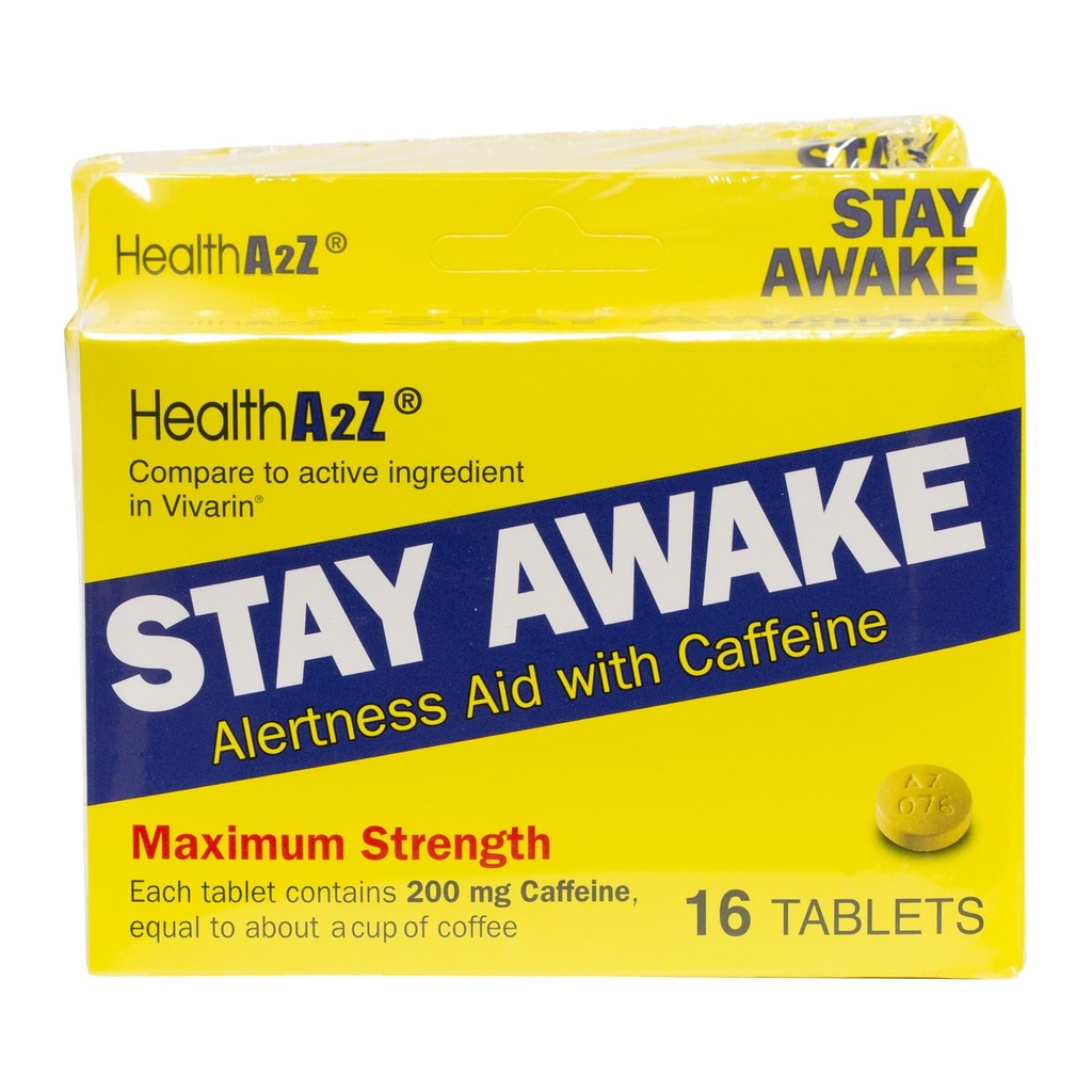 HealthA2Z® Håll dig vaken | 200 mg koffein | Alertnesshjälp med koffein | 3 Packs av 16 Tabelts (48 tabletter totalt) | Maxium styrka