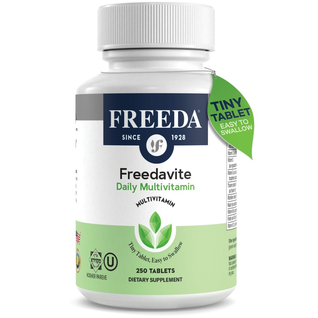 Freedavite Tiny Tablet - Måttlig multivitamin för män och kvinnor - ren vitamin A, C, D, E, B1, B2, B6, B12, Biotin, Calcium, Zink, Järn, Magnesium, Mangan, Koppar, Selen, Jord - 250 Räkna