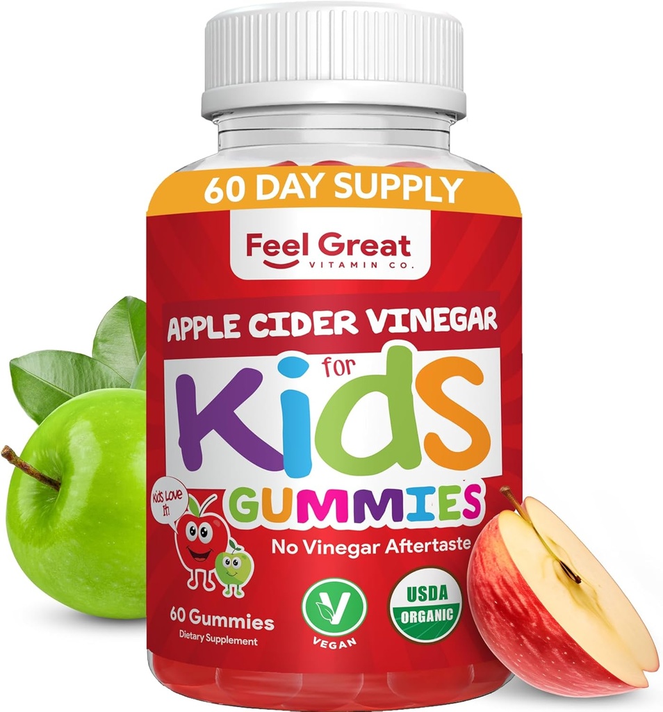 Organiska barn Apple Cider Vinegar Gummies genom att känna stora vitaminer | Rik i Digestive Enzymes & Natural Antioxidanter för Gut Health | Kids Gummy stöder hälsosam näringsabsorption | 60 Day Supply