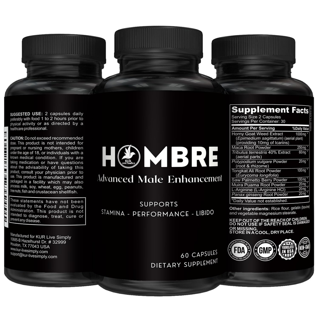 Hombre Male Enhancing Supplement - Lägg till 2 på 60 dagar med våra utvidgningspiller för män muskeltillväxt - Öka storlek, styrka, uthållighet, prestanda, energibooster - 60 kapslar