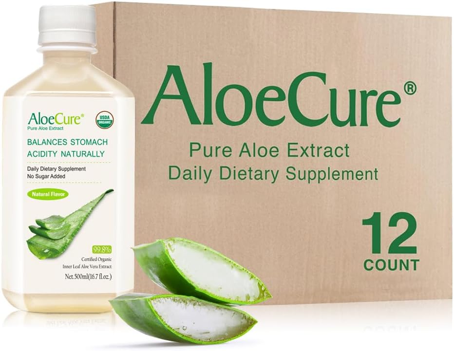 AloeCure USDA Organic Aloe Vera Juice Made Within 12 Hrs of Harvest - Pure Aloe Juice Natural Digestive Supplement to Support Digestion, Immune System och Balanced Stomach Acidity, 12 x 500ml Bottles