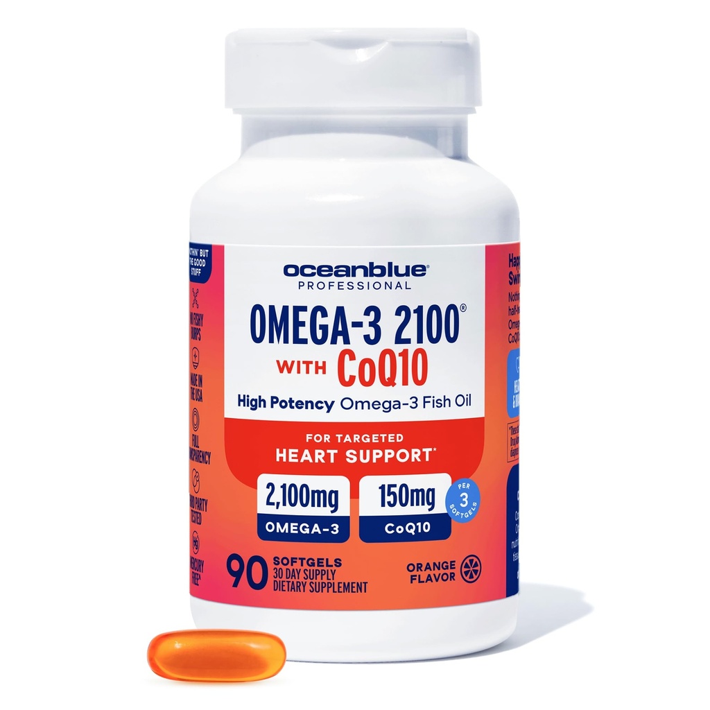 Oceanblue Omega 3 2100 med CoQ10 | Triple Strength Fish Oil Combo Supplement | 1350MG EPA 650MG DHA 150MG DPA med 150 MG CoQ10 | Orange Flavor | Hjärtstöd | 90 Softgels