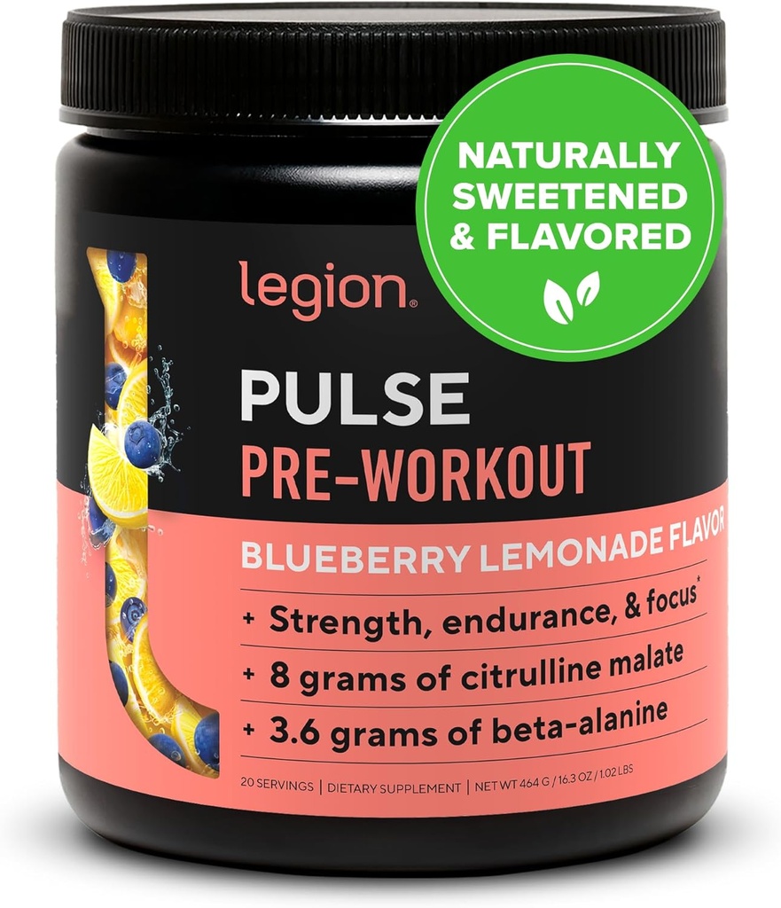 LEGION- All Natural Nitric Oxide Preworkout Drink för att öka energi, kreatinfri, naturligt sötad, Beta Alanine, Citrulline, Alpha GPC (Blueberry Lemonade)