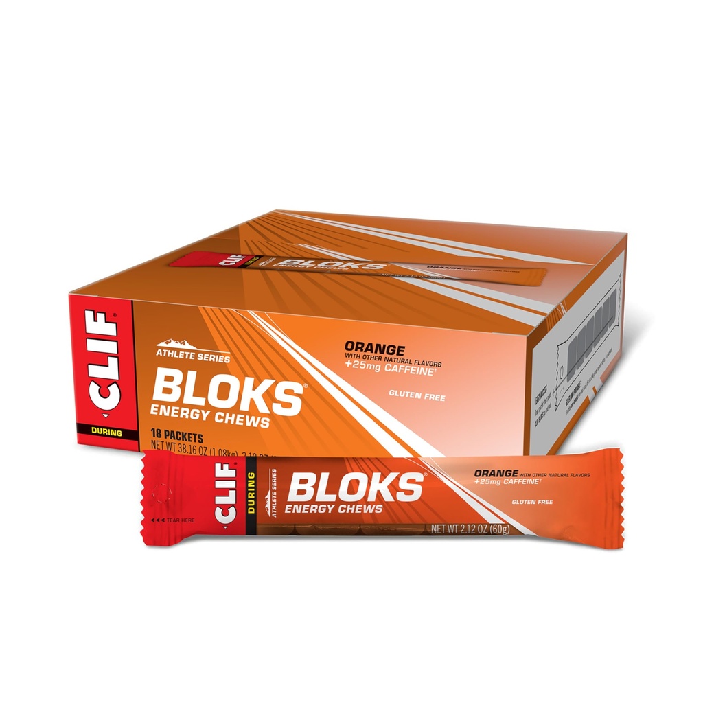 CLIF BLOKS - Orange smak med koffein - Energy Chews - Non-GMO - Plant Based - Fast Fuel for Cycling and Running - Snabba kolhydrater och elektrolyter - 2.12 oz. (18 greve)
