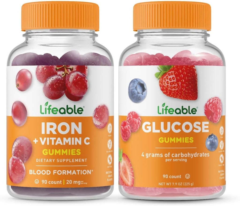 Livlig järn med vitamin C + Glucose, Gummies Bundle - Great Tasting, Vitamin Supplement, Gluten Free, GMO Free, Chewable Gummy