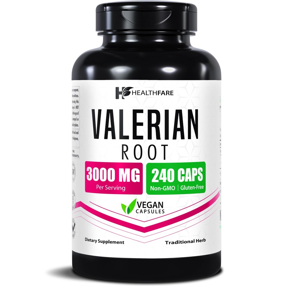 Healthfare Valerian Root Capsules | 3000mg High Potency Extract | 240 Vegan Pills | Herbal Supplement för avkoppling och sömnstöd | Non-GMO, Gluten-Free, Made in USA