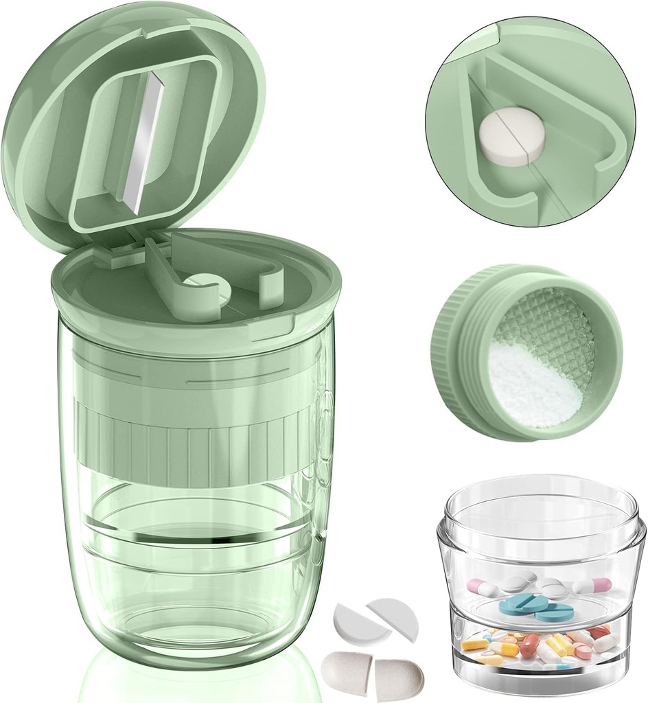 Pill Cutter Splitter med Dispenser, Pill Cutter för små eller stora piller, Crushes Pills, Vitaminer, Tablets, Stainless Steel Blade, Removable Drinking Cup (Green-1)