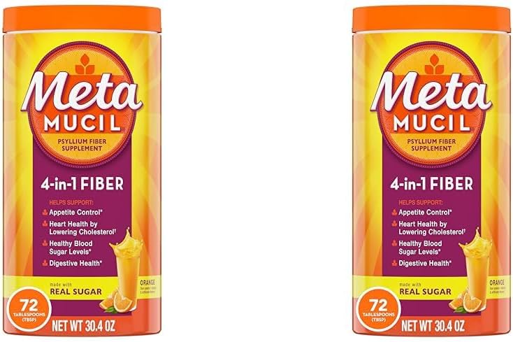Metamucil Fiber, 4-i-1 Psyllium Fiber Supplement Powder med Real Sugar, Orange Smooth Flavored Drink, 72 portioner (Packaging May Vary), grov textur, 1,9 pund (Pack of 2)
