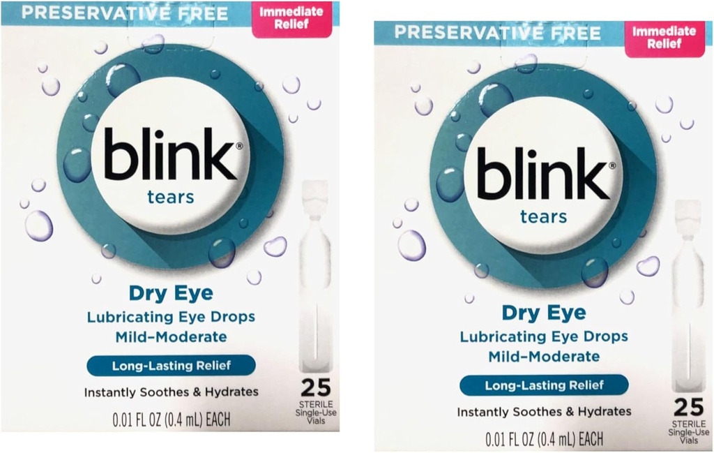 Blink Tears Preservative Free Lubricating Eye Drops, Immediate and Long-Lasting Relief for Dry Eyes, 25 Sterile Single-Use Vials, 0,01 FL OZ (0,4 ml) Varje (Pack of 2)