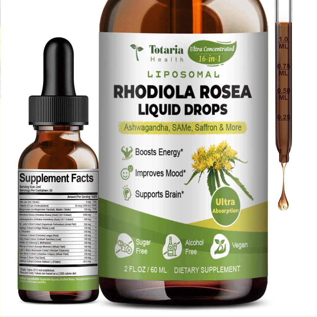 Totaria 16-i-1 Liposomal Rhodiola Rosea Tincture, Ultra Strength Rhodiola Supplement w / Ashwagandha, Saffron, Magnesium, SAM-e, Rhodiola Rosea Extract Liquid Drops för naturlig avkoppling, humör, energi