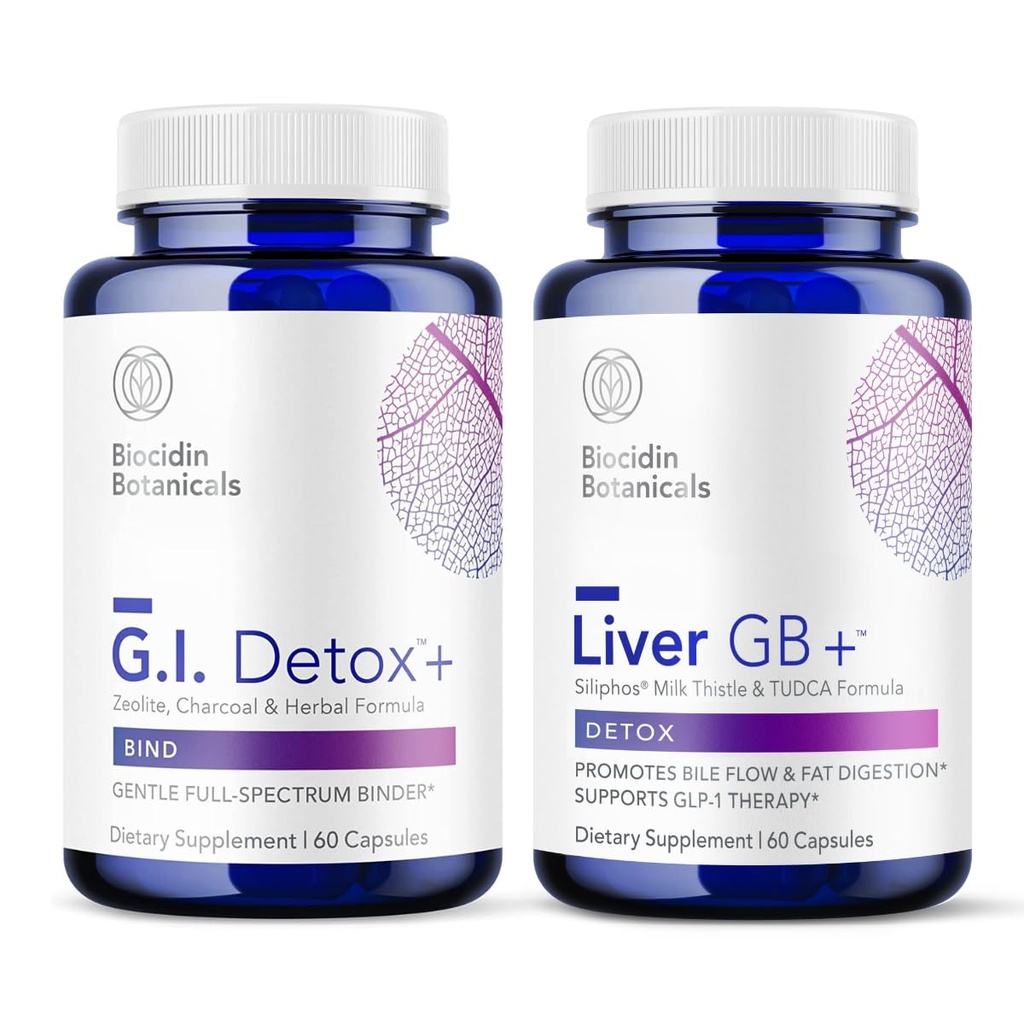 Biocidin G.I. Detox+ Gentle Binder & Liver GB+ Gallbladder Liver Support - Hjälp Optimera Toxin Removal & Fat Digestion - Aktiverad Charcoal, Zeolite, TUDCA & Bitter Herbs (2 Produkter)