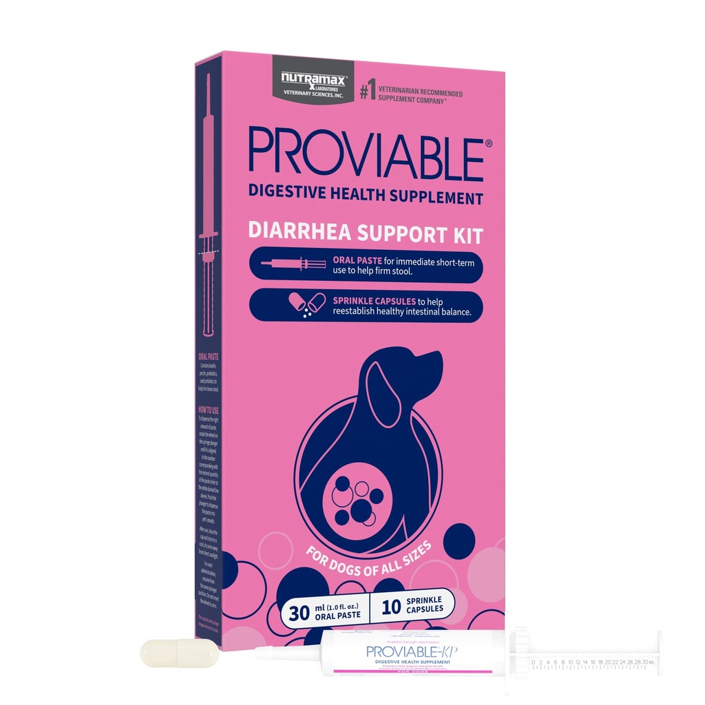 Nutramax Proviable Probiotics for Dogs, Diarrhea Support Kit, Digestive Health Supplement med flera stammar av bakterier, Plus Prebiotika, Kaolin och Pectin, 30 ml Paste och 10 kapslar