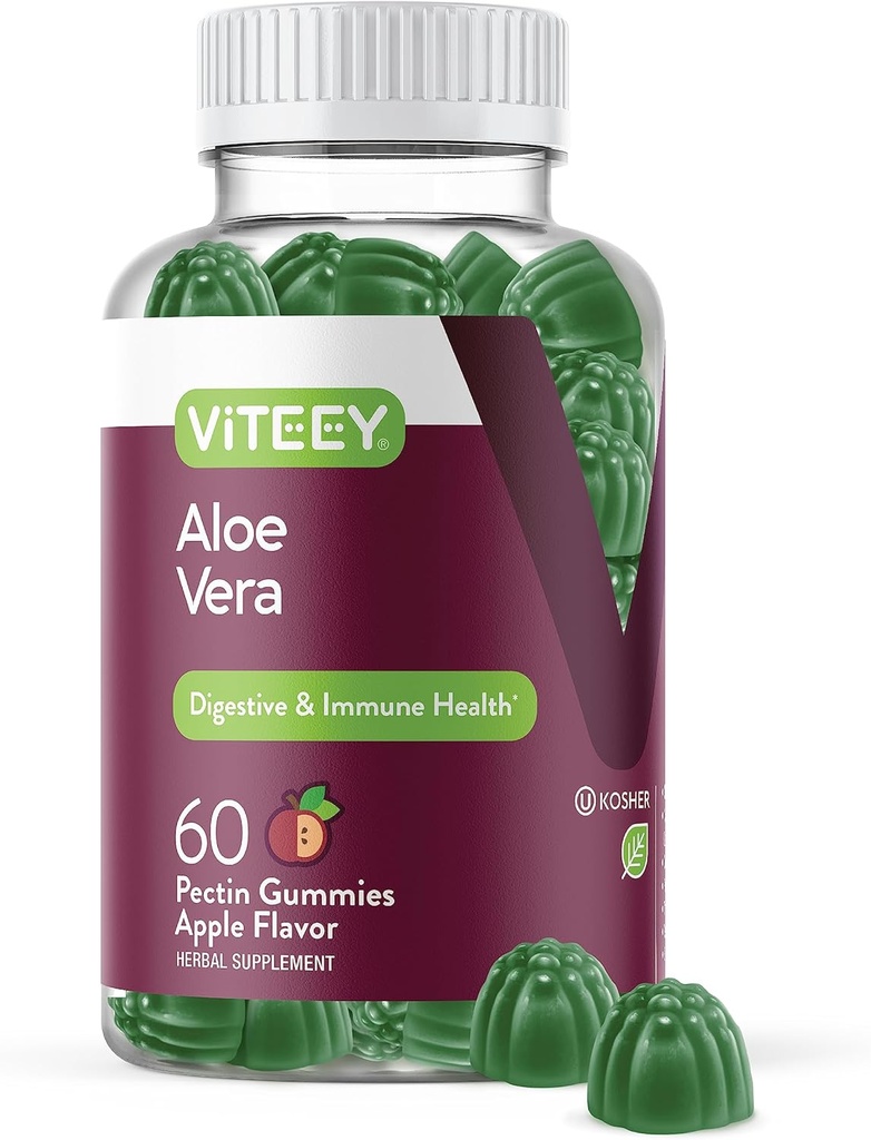 Viteey Aloe Vera Gummies för vuxna - 50mg - Aids in Digestion and Immune Health - Aloe Vera Supplement - Vegan, Gelatin Free, Gluten Free, GMO Free, Tasty Chewable Raspberry Flavored Gummy