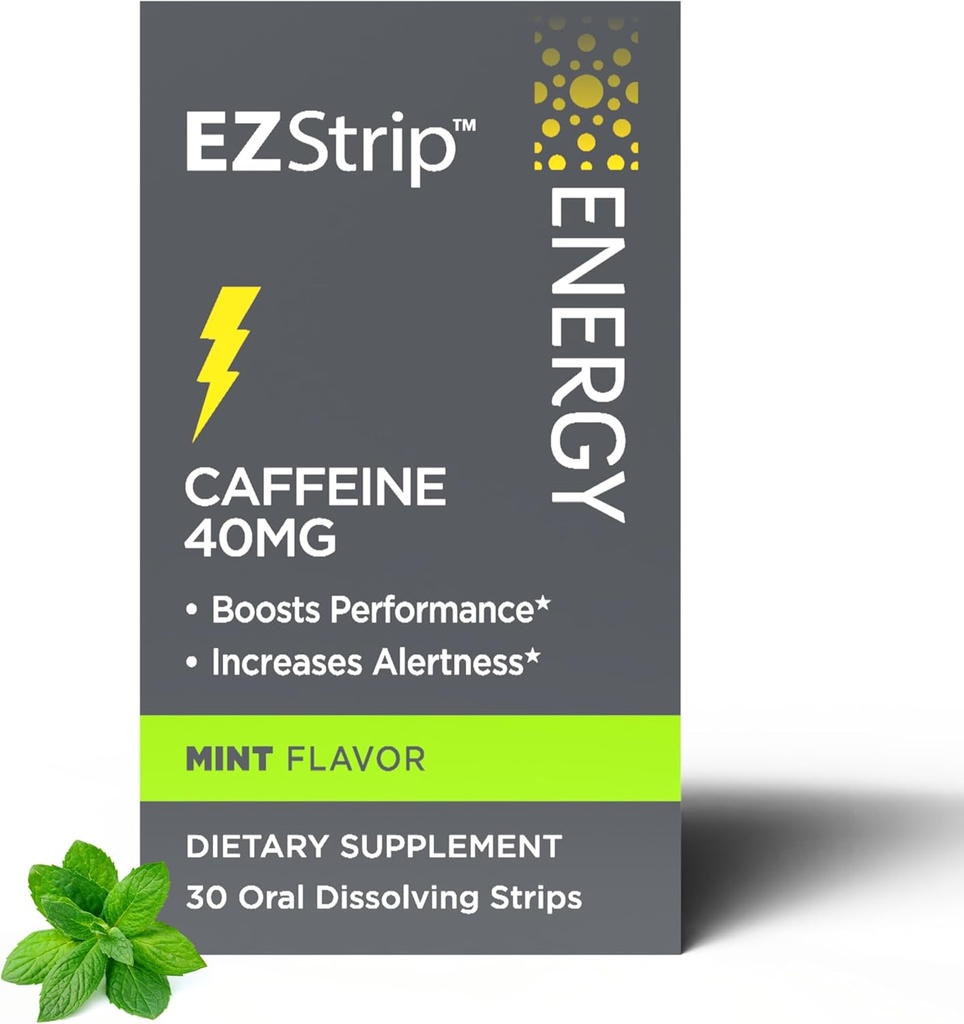 Energitillskott - Mint smak, 30 greve - lösa remsor med 40 mg koffein för att hjälpa till att öka din dag och öka prestanda - tillverkad i USA, socker och glutenfri