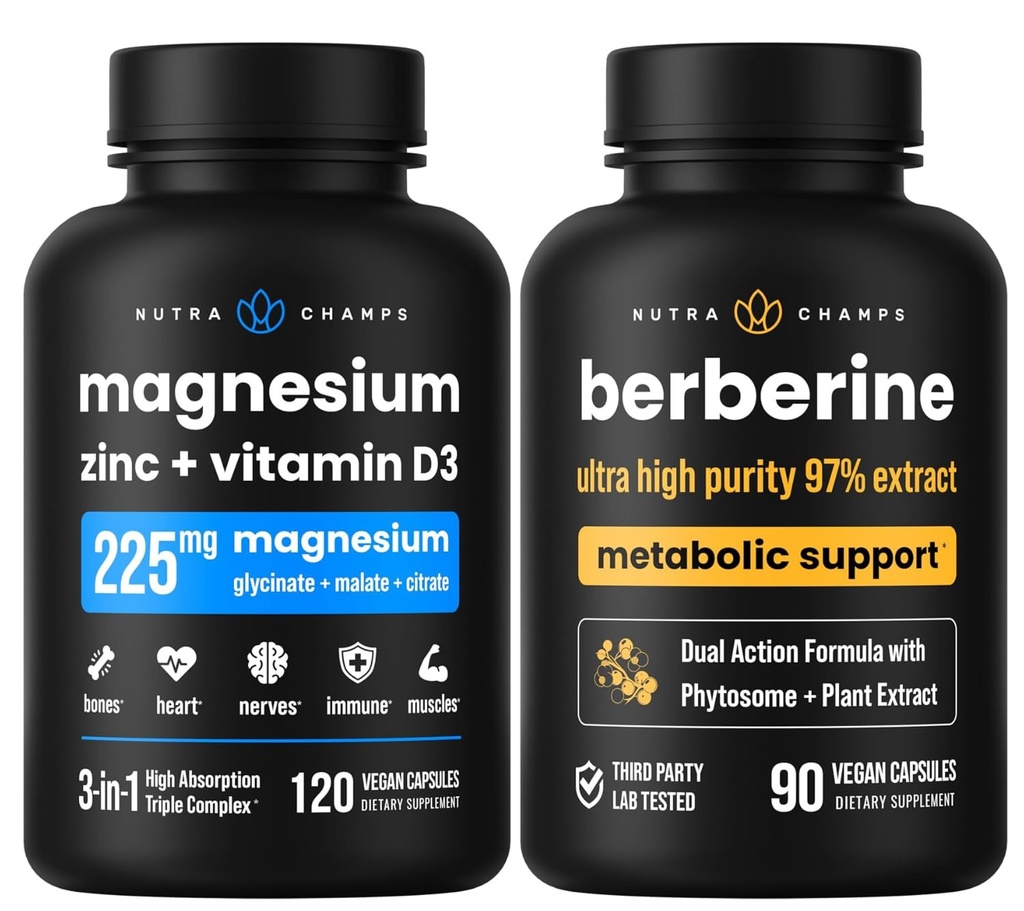 NutraChamps Komplett Bone & Metabolic Support: Magnesium Zink D3 & Berberine Duo