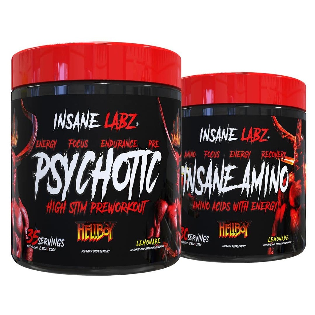 Insane Labz Hellboy Bundle, Psychotic Hellboy Pre Workout och Insane Amino BCAA, Öka muskelmassa, styrka, fokus och återhämtningstid, Lemonade