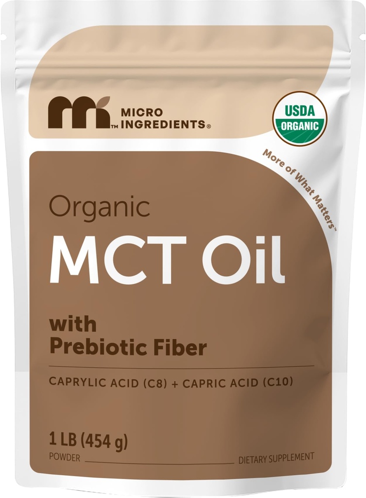 Organisk MCT oljepulver med prebiotisk fiber, 1 pund (16 ounce), snabb bränsle för kropp och hjärna, C8 MCT olja för kaffekrämare, inga genetiskt modifierade organismer, Keto Diet, Vegan