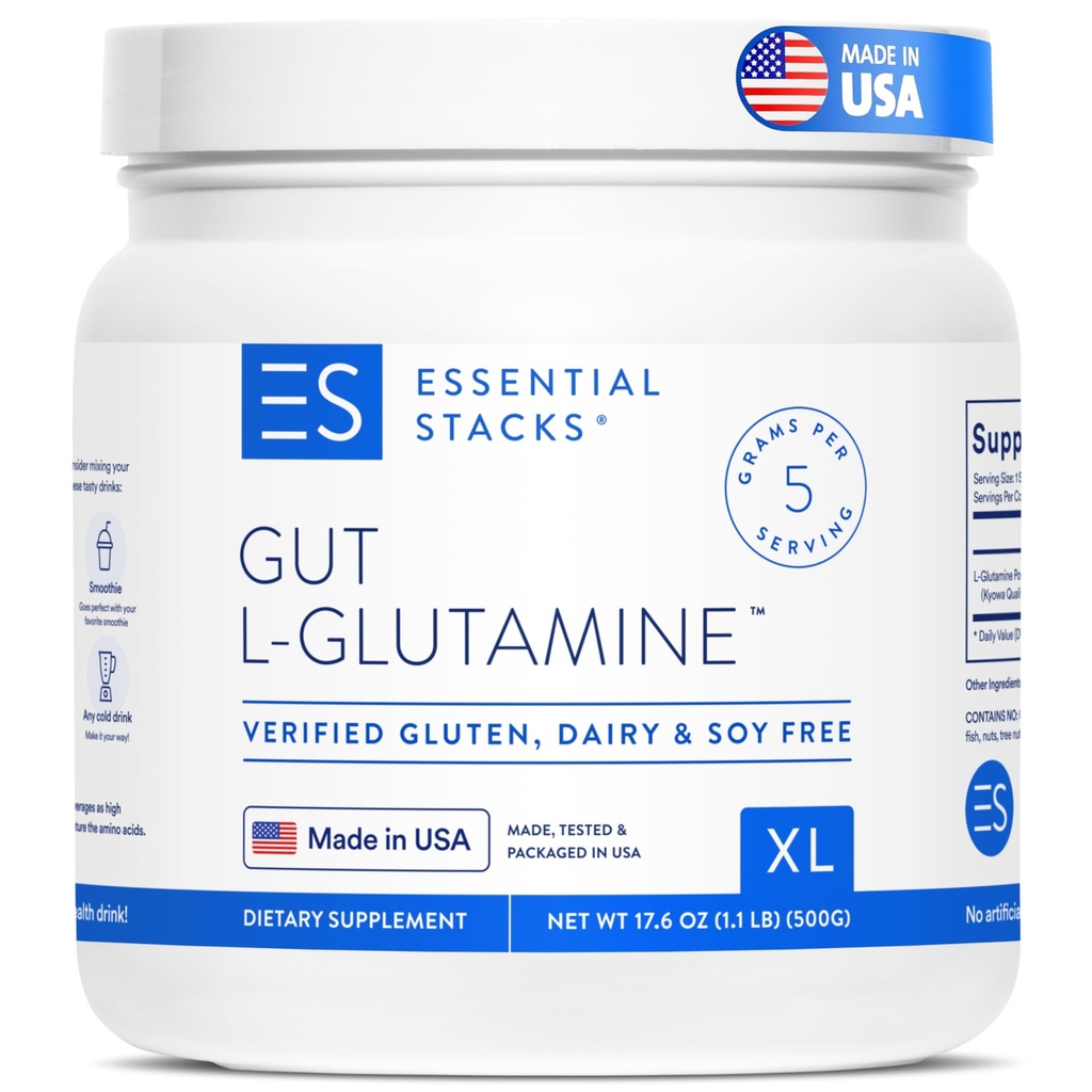 Essential Stacks Gut L-Glutaminpulver - Exclusively Made in USA - Pure L Glutaminpulver för Gut Health (100 portioner, osmakad)