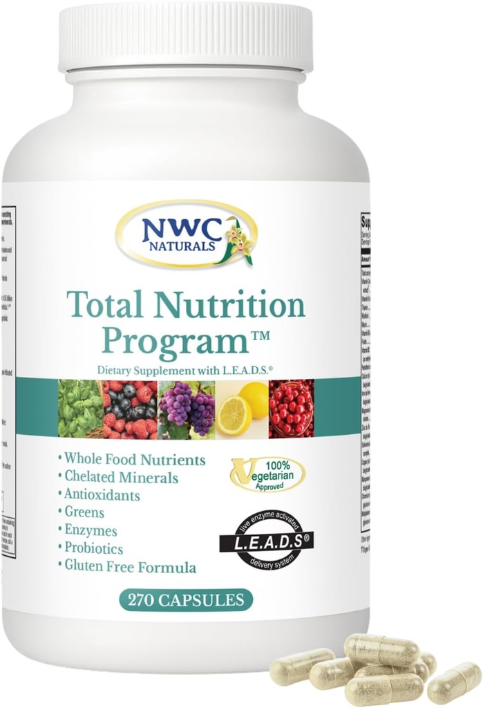 NWC Naturals Total-Nutrition Program Multivitamin with Enzymes Plus Prebiotics and Probiotics Supplement, Complete Care for Men and Women, Vegetarian Natural Whole Food Vitamins, 270 Capsules