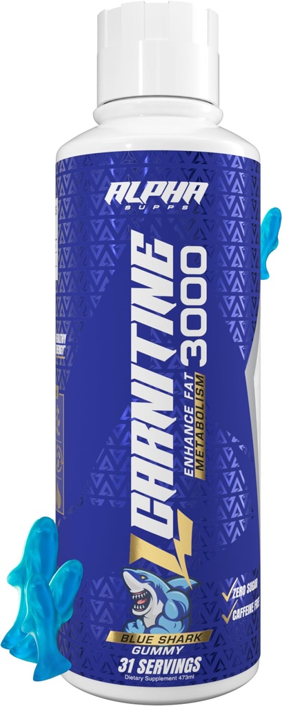 Alpha Supps L Carnitine Liquid 3000 | Stimulant-Free L-Carnitine Supplement för Män & Kvinnor | Pre-Workout Energy Boost & Muscle Recovery | Zero Sugar, Fat & Carbs | 31 Servings (Blue Gummy)