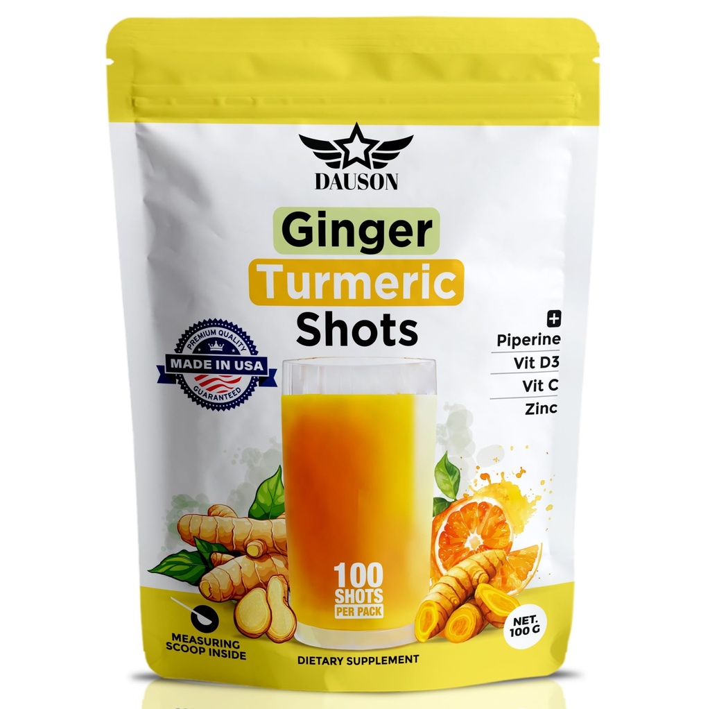 Ginger Turmeric Supplements with Piperine, Vitamin C, Vitamin D3 & Zink | Turmeric Ginger Shots for Joint, Heart, Brain, Gut & Skin Health | 100 Servings | Ayurvedic | Powder