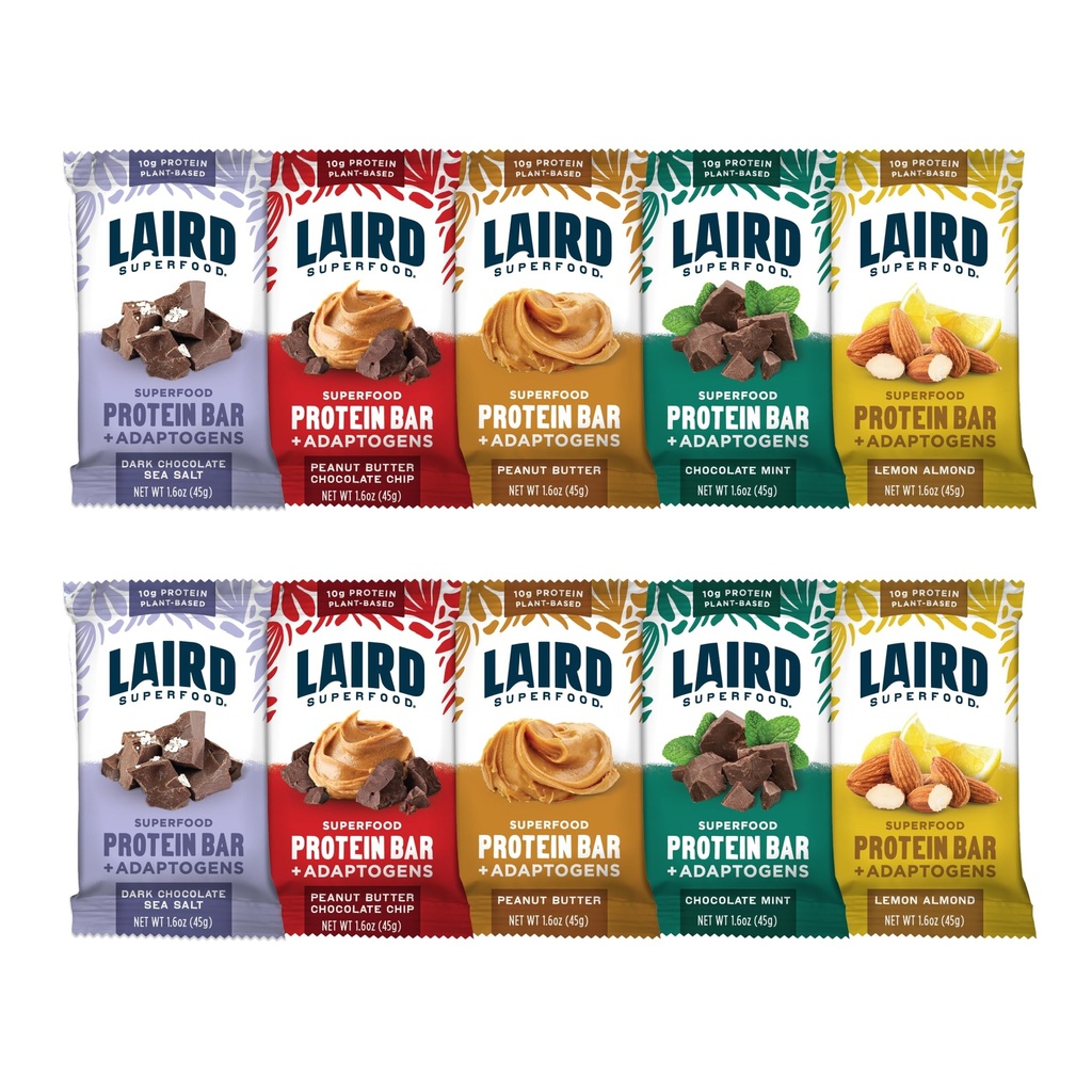 Laird Superfood Functional Protein Bars - Protein Bar men bättre med riktiga ingredienser, funktionella svampar 10g Plant-Based Protein, 6g Fiber - Non-GMO - 5 Flavor Variety Pack, 10 greve av 1)