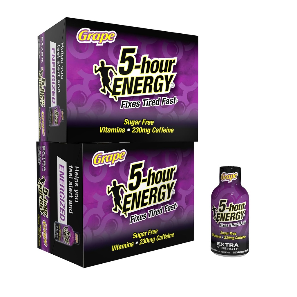 5-timmars ENERGY Extra Strength Energy Shot, Grape Flavor (1,93 oz. - 24 Count) Zero Calories & Sugar-Free 230 mg Caffeinated Shot, Amino Acids & B Vitamins, Kosttillskott