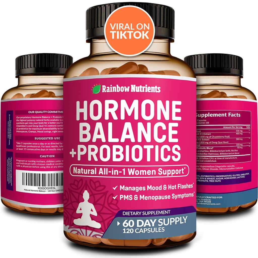 Hormonbalans + Probiotika för kvinno- naturlig klimakteriet lättnad, vikthantering, uppblåsthet, heta blinkar, PMS | Organisk Maca, Chasteberry, Dong Quai & Black Cohosh | Non GMO | 120 V kapslar