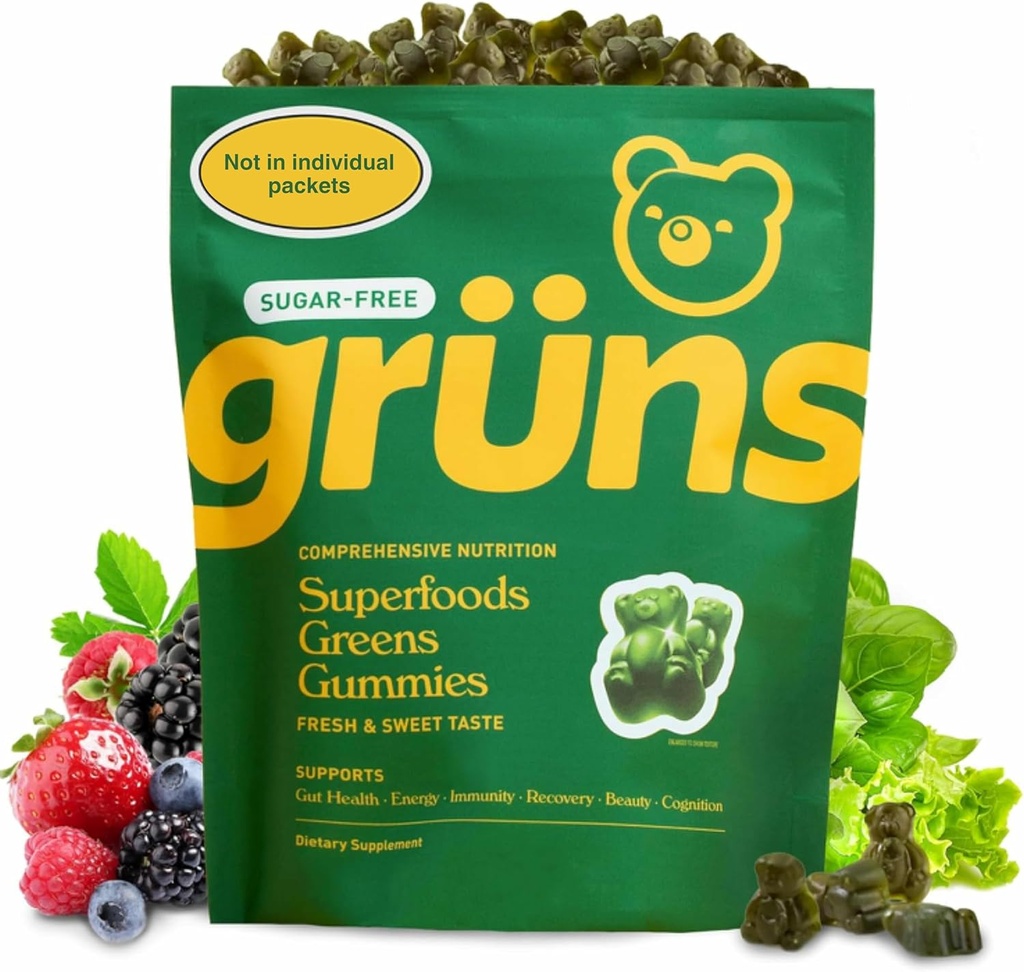 Gruns Adult Sugar-Free Super Greens Gummies - Superfood Gummy Björnar med Spirulina, Chlorella, Fiber & Prebiotika för Digestive Health, Adaptogen Supplement med 20 vitaminer och mineraler, 2 veckors leverans