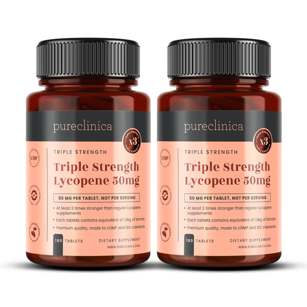 Pureclinica Lycopene Supplement 50mg - Hög styrka Tomato Extract Antioxidant - 360 tabletter (1 års Supply) - Prostate Health, Heart, Eye & Skin Support - GMO Free