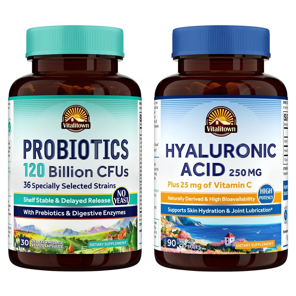 Vitalitown Gut-Skin Bundle (Pack of 2) | Probiotika 120 miljarder CFUs (punkt 1) & Hyaluronsyra (punkt 2) | 30 + 90 kapslar