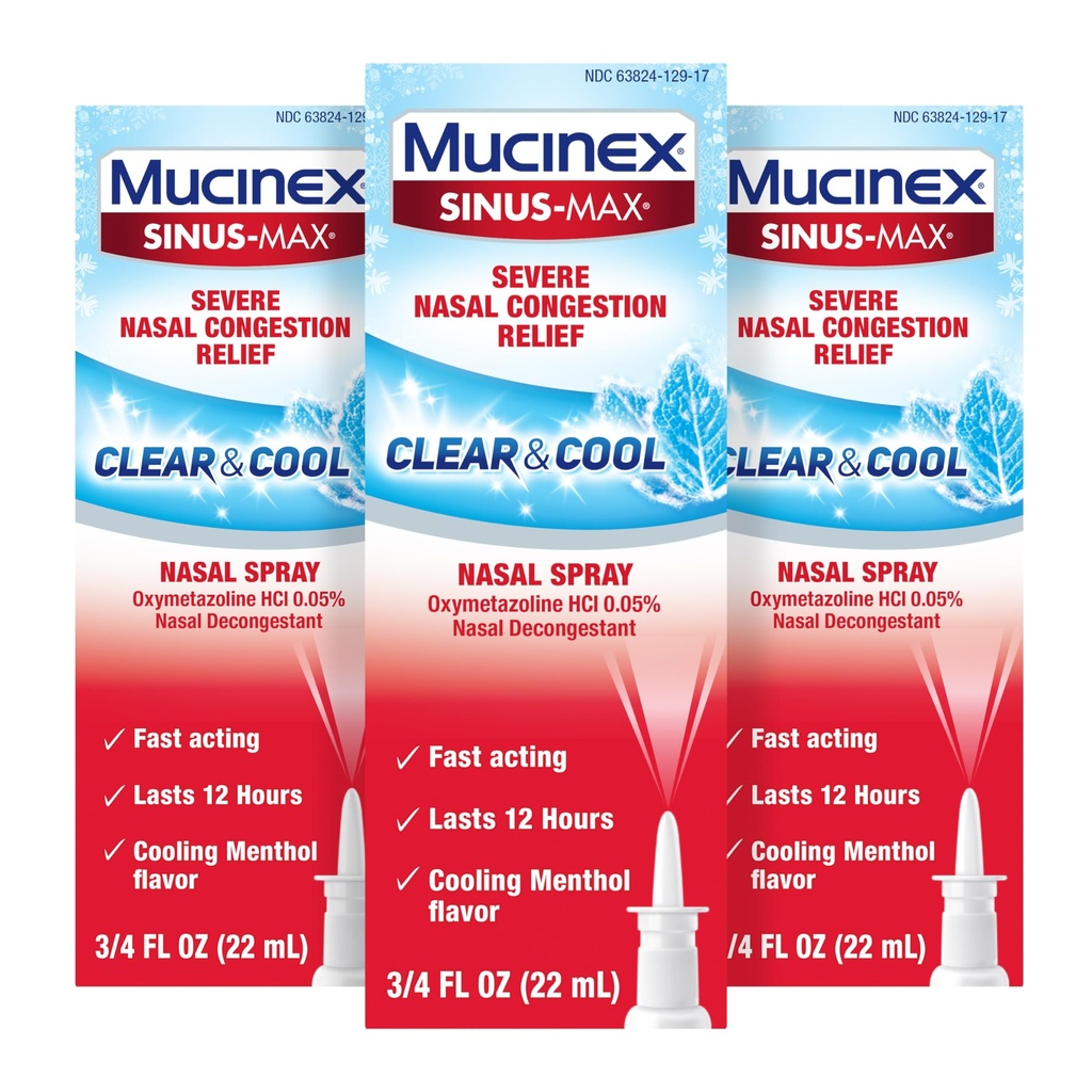 Mucinex Sinus-Max Nasal Spray Decongestant, 12 Hour Over-The-Counter Medication Nose Spray för Sinus Relief, Nasal Decongestants for Adults, Cooling Menthol, 0,75 Fl Oz (Pack of 3)