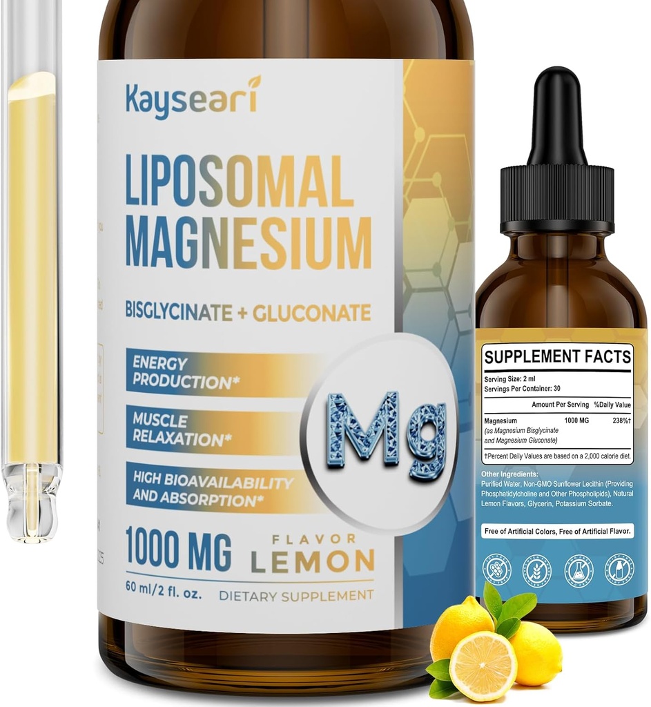 High Strength Liposomal Magnesium Drops, enkelt Absorbed Chelated Forms of Magnesium Bisglycinate och Magnesium Gluconate, 60ML Lemon smaksatt Liquid Drops