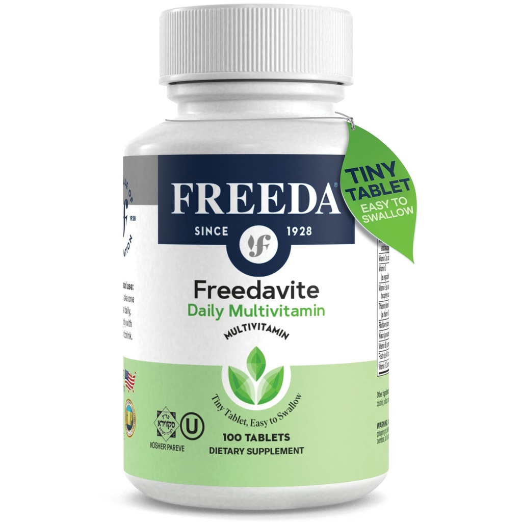 Freedavite Tiny Tablet - Måttlig multivitamin för män och kvinnor - Vitamin A, C, D, E, B1, B2, B6, B12, Biotin, Calcium, Zink, Järn, Magnesium, Mangan, Koppar, Selen, Jord - 100 greve