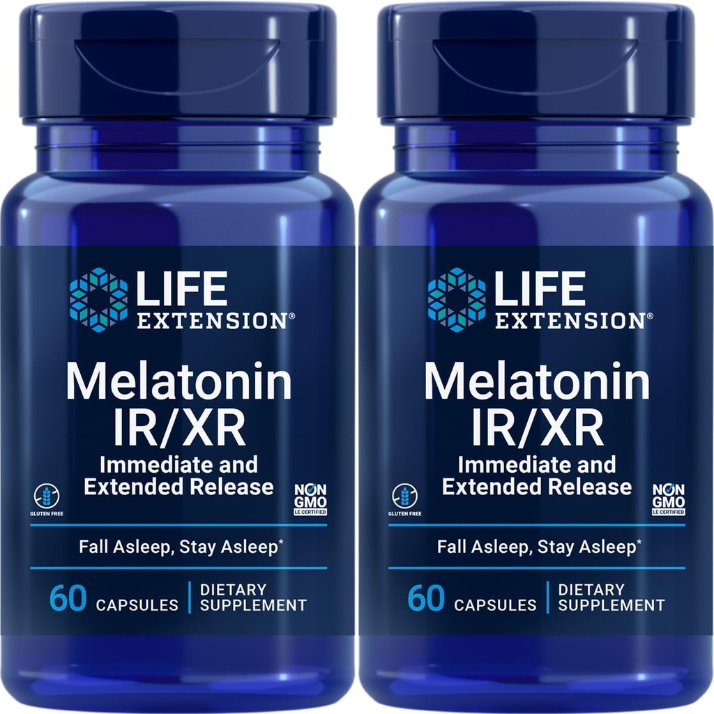 Livslängd Melatonin IR / XR, 1,5 mg, omedelbar och utökad frisättning Formel för optimal sömnstöd, friska cirkadiska rytmer, cellulärt försvar, glutenfri, icke-GMO, 2 X 60 kapslar