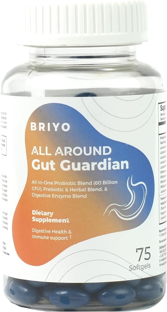 Briyo Gut Guardian Gut Health Support - 60 Billion CFU Probiotics, Prebiotics, Digestive Enzymes, and Herbs for Digestion & Immune Health - Relieves Constipation, Diarrhea, Gas & Bloating
