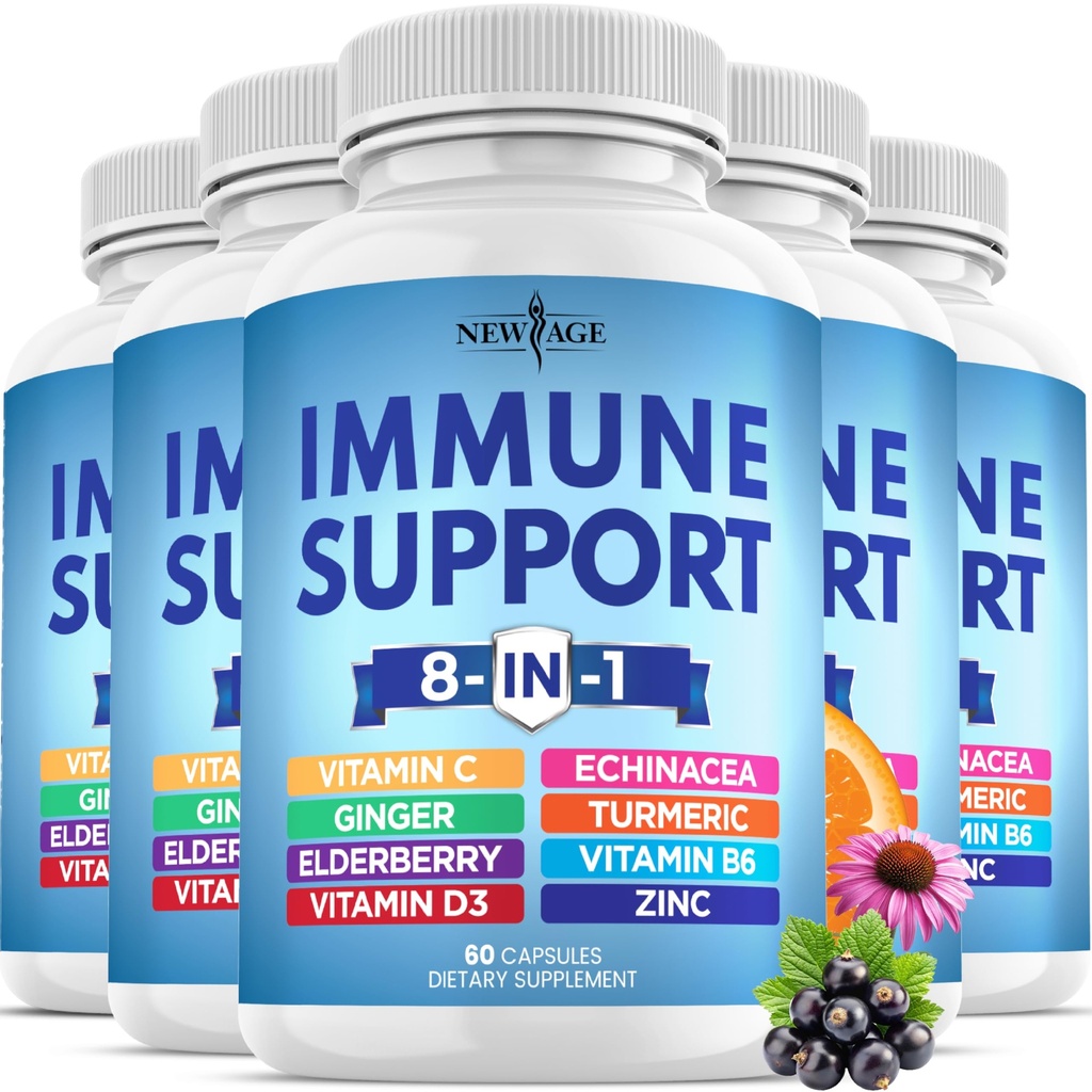 8 i 1 Immune Support Booster Supplement med Echinacea, Vitamin C och Zink 50mg, Vitamin D 5000 IE, Turmeric Curcumin & Ginger, B6, Elderberry (8 i 1 kapslar (Pack av 5))
