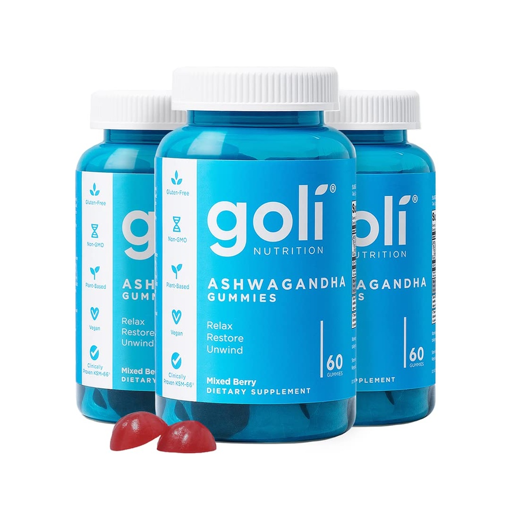 Goli Ashwagandha & Vitamin D Gummy - 180 greve - Mixed Berry, KSM-66, Vegan, Plant Based, Non-GMO, Gluten-Free & Gelatin Free Relax. Återställ. Unwind, pack 3