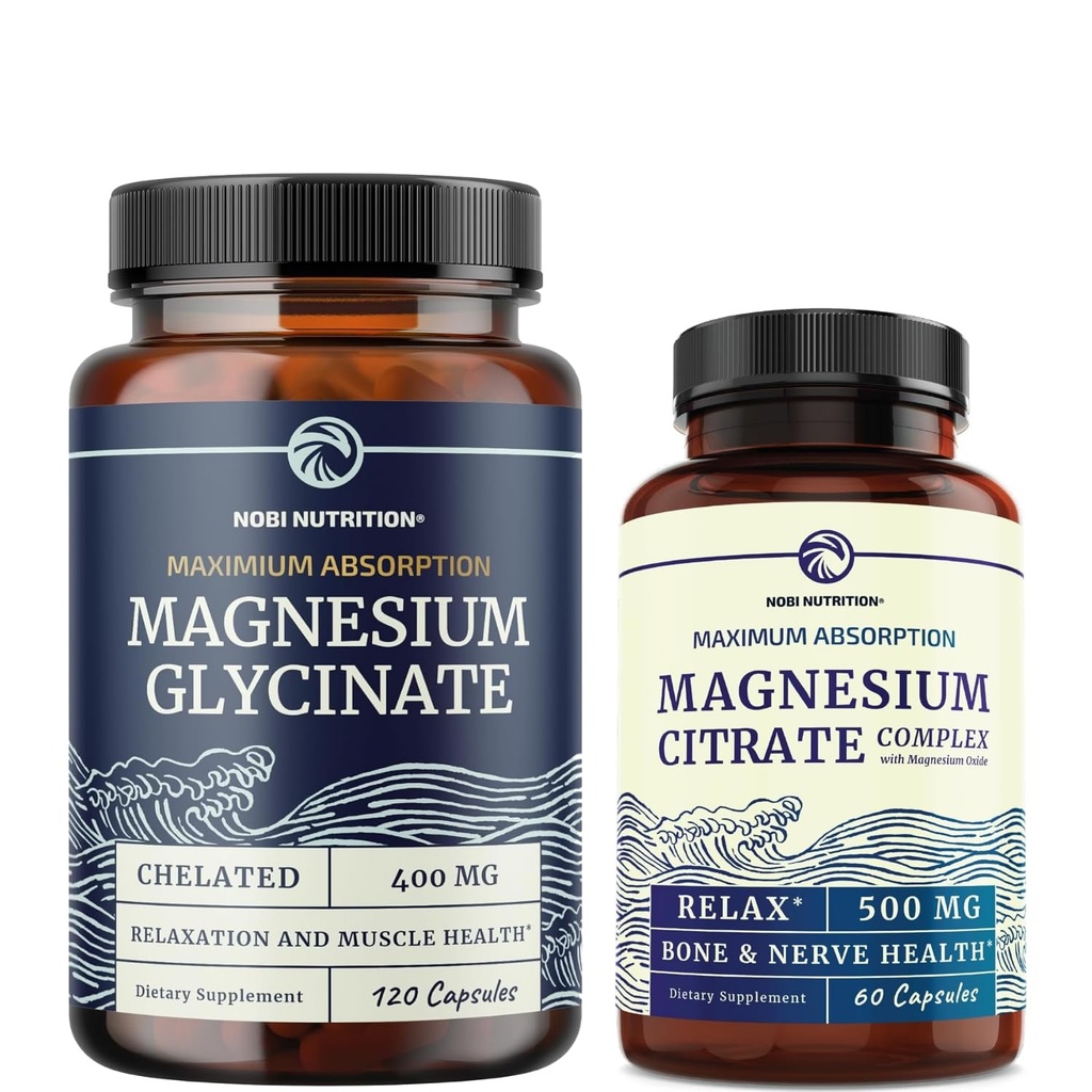 Magnesium Glycinate 400mg (120ct) & Magnesium Citrate 500 MG (60ct) | Hög Absorption, lugn, avkoppling, matsmältning och muskelstöd | Non-GMO Vitamin och mineral Bundle