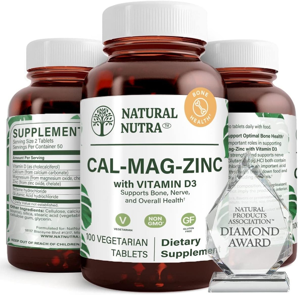 Natural Nutra Calcium Magnesium Zink Supplement med vitamin D3 för ben- och muskelstyrka, främjar nervhälsa, förbättra din matsmältning, glutenfri, sockerfri, 100 tabletter (Pack of 2)