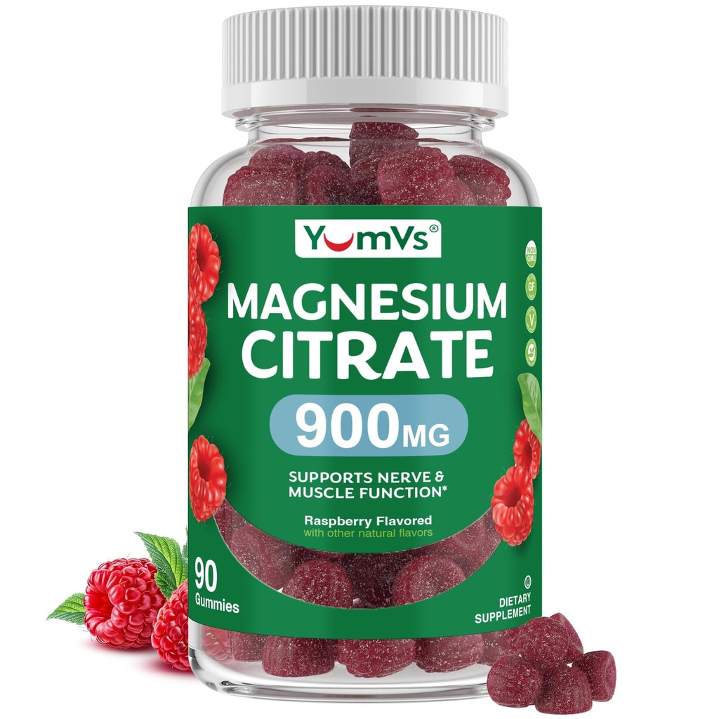YUM-V'S Magnesium Citrate Gummies - 900mg Högt Absorberbara Magnesium Gummies för kvinnor och män att stödja Nerve, Muscle & Enzyme Function - Gluten-Free, Kosher & Raspberry Flavor (90 greve)