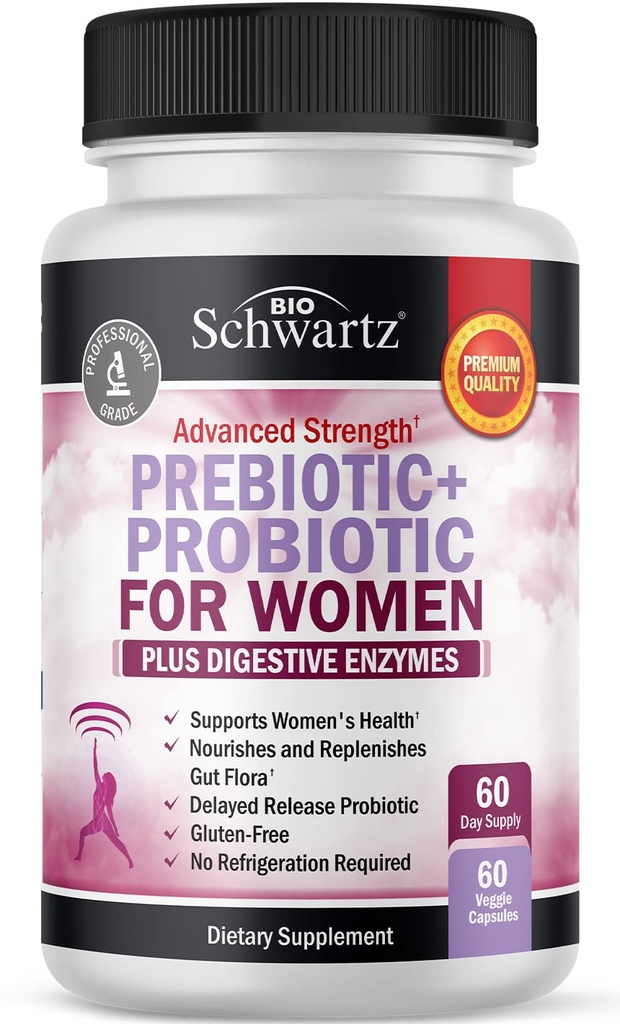 Prebiotics and Probiotics for Women - with Black Cohosh and Red Clover for Gut, Vaginal and Immune Health Support, Whole Food Digestive Enzymes Capsules, Lactobacillus Probiotic Supplement, 60 Count