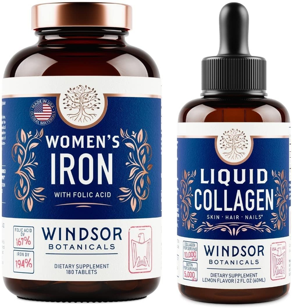 WINDSOR BOTANICALS Liquid Collagen och järn för kvinnor Beaty och Wellness Bundle