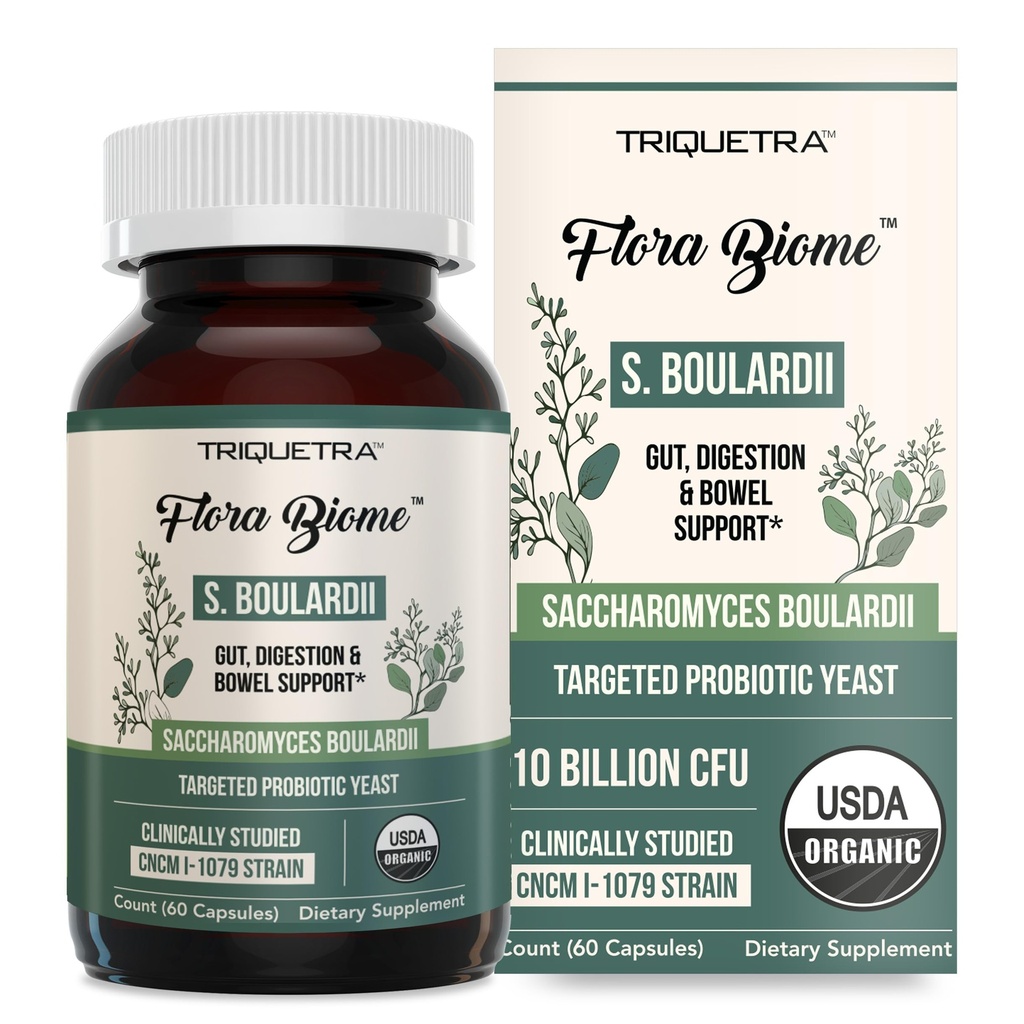 Organic Saccharomyces Boulardii - 10 Billion CFU - Clinically Validated CNCM I-1079 Probiotic Strain - Gut, Digestion & Healthy Bowel Support - First Organic Form of S. Boulardii Probiotic - 60 Count