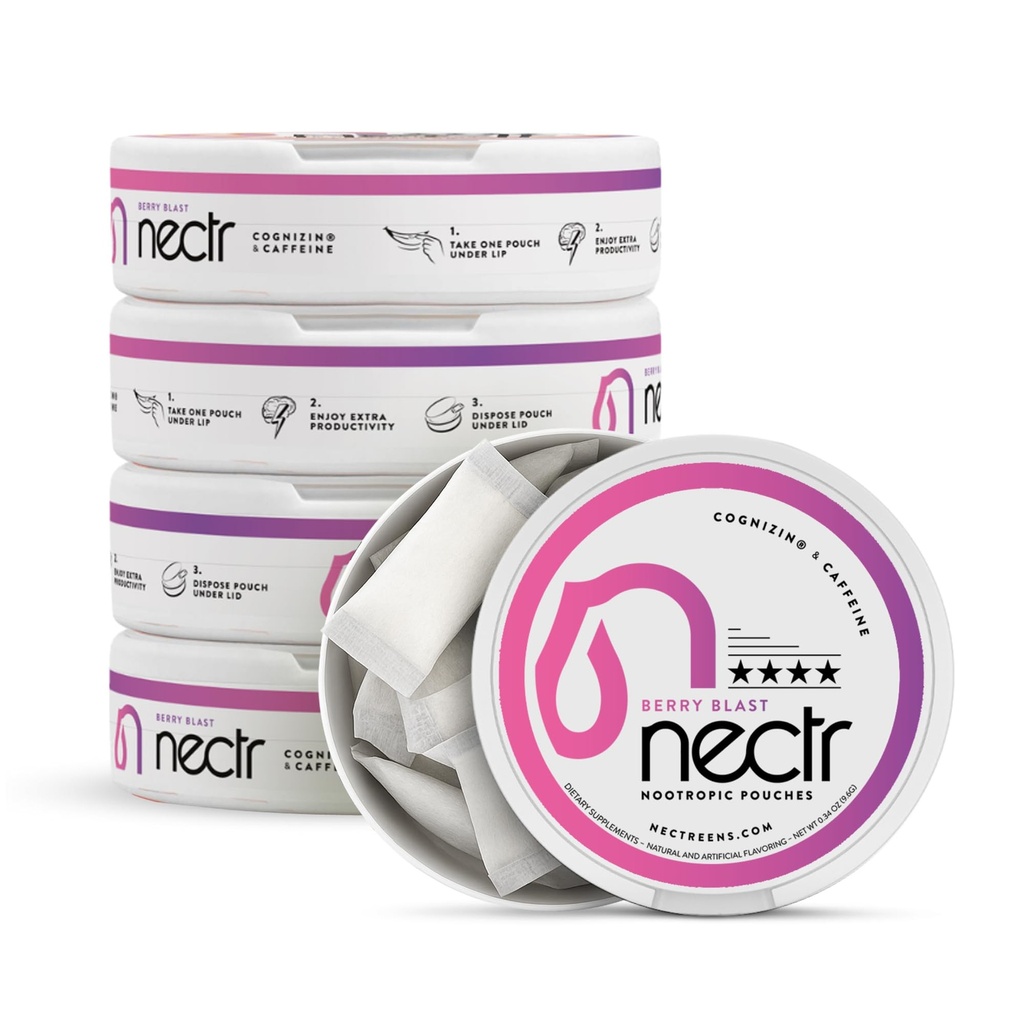 Nectr Energy Nootropic Pouches - Berry Blast smaksatt, koffeinpåsar med Cognizin® Citicoline. Sockerfri hjärnbehandling. Smidig, hållbar fokus & energiförsörjning - 5 Pucks på 16pcs