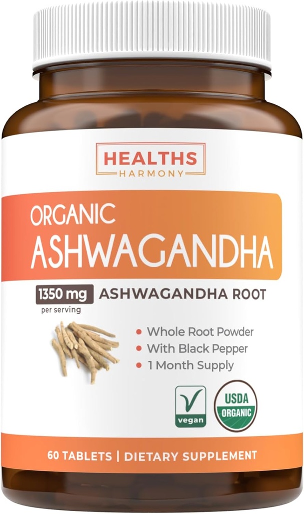 USDA Organic Ashwagandha Supplement - High Potency Ashwagandha Pills Made With Organic Black Pepper for Enhanced Absorption - Vegan Non-GMO Made in USA & Lab Verified (1 Månaders Supply)