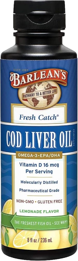 Barleans Cod Liver Oil Liquid Supplement, Omega 3 Fish Oil med 900mg EPA och DHA Plus Vitamin D, Kosttillskott för gemensam, hjärna och hjärthälsa, Lemonade Flavor, 8 oz