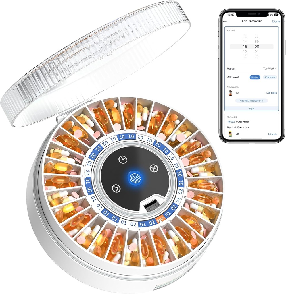 Zoksi Premium 31-Slot Automatic Pill Dispenser med Fingerprint & Key Lock, Smart Medication Organizer med Alarm & Light, Electronic Pill Organizer för äldre och glömska