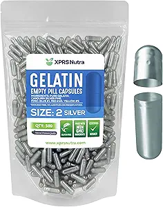 XPRS Nutra Size 2 Empty Capsules - 500 greve Empty Gelatin Capsules - Pills DIY Capsule Filling - Pure Bovine Pill Gel Caps for Do-It-Yourself Supplements (Silver)